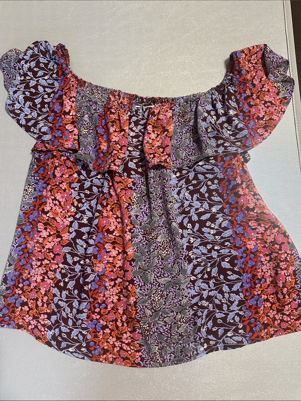 Maeve Off-Shoulder Floral Blouse in Burgundy, Pink and Lavender